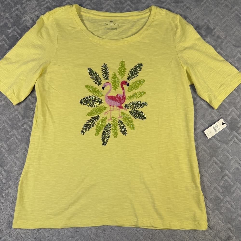 Talbots Flamingo‎ Graphic Tee Yellow Sequin Cotton Top Size Small New With Tags